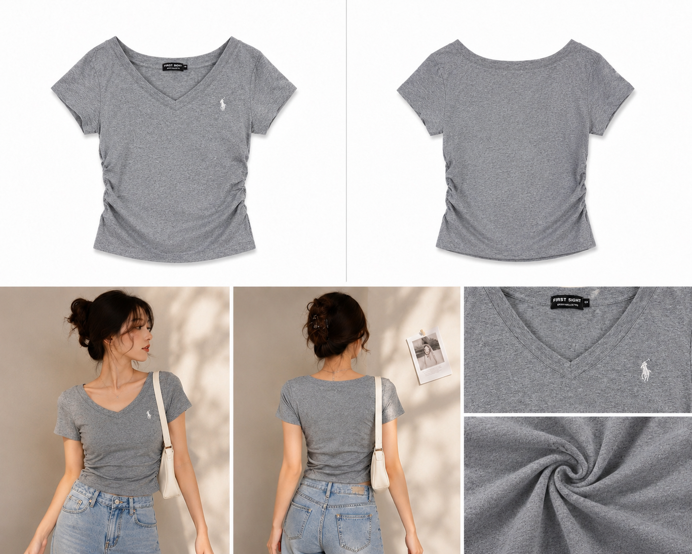 Cloud Grey Ruched V-Neck Casual Tee