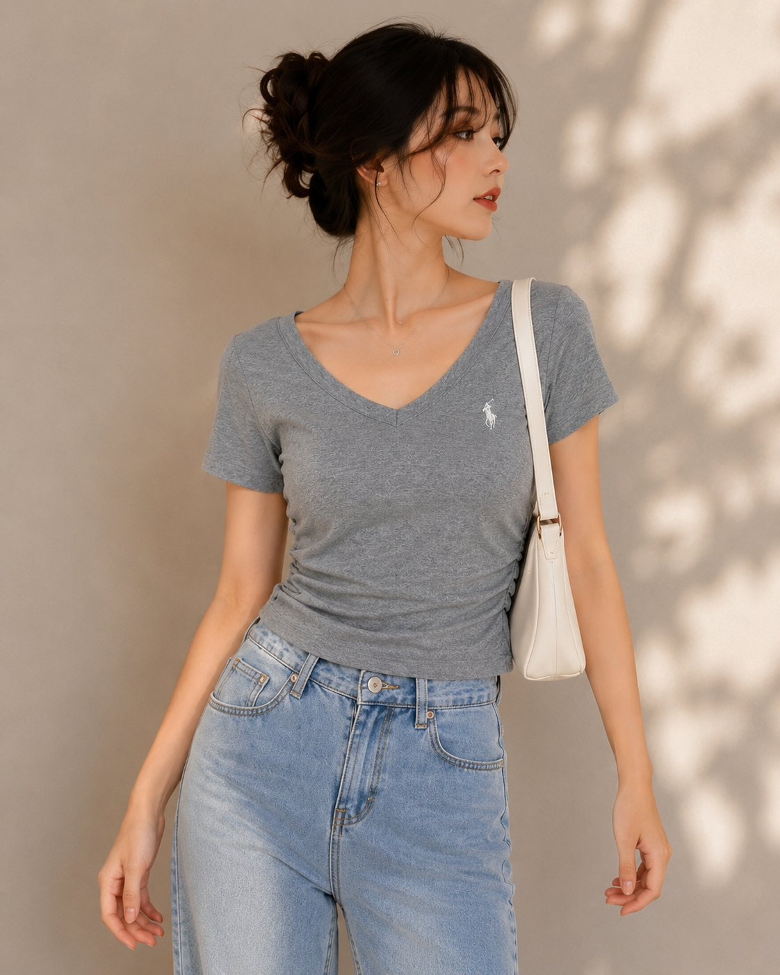 Cloud Grey Ruched V-Neck Casual Tee